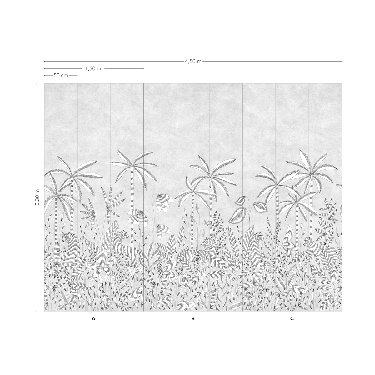 Papier peint panoramique Paradis des Tigres Grisaille A+B+C - 1/2/3/4/5/6/7/8/9 - Isidore Leroy