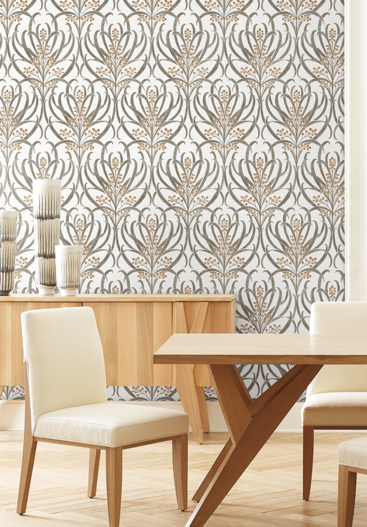 Papier peint Feuillage Baies gris marron - Arts & Crafts d'Initiales | Réf. INI-AC9142