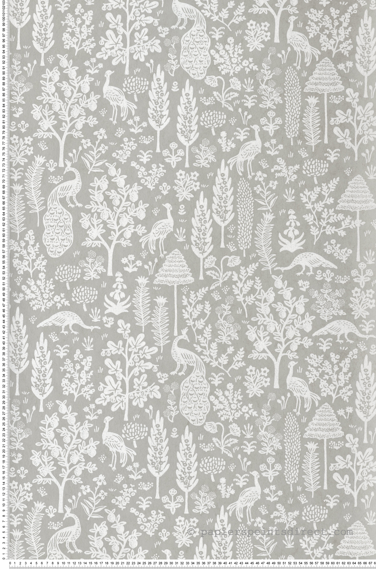 Papier peint Ménagerie Toile Paon gris clair blanc - Rifle Paper Co. 2 de York (Initiales) | Réf. INI-RP7369