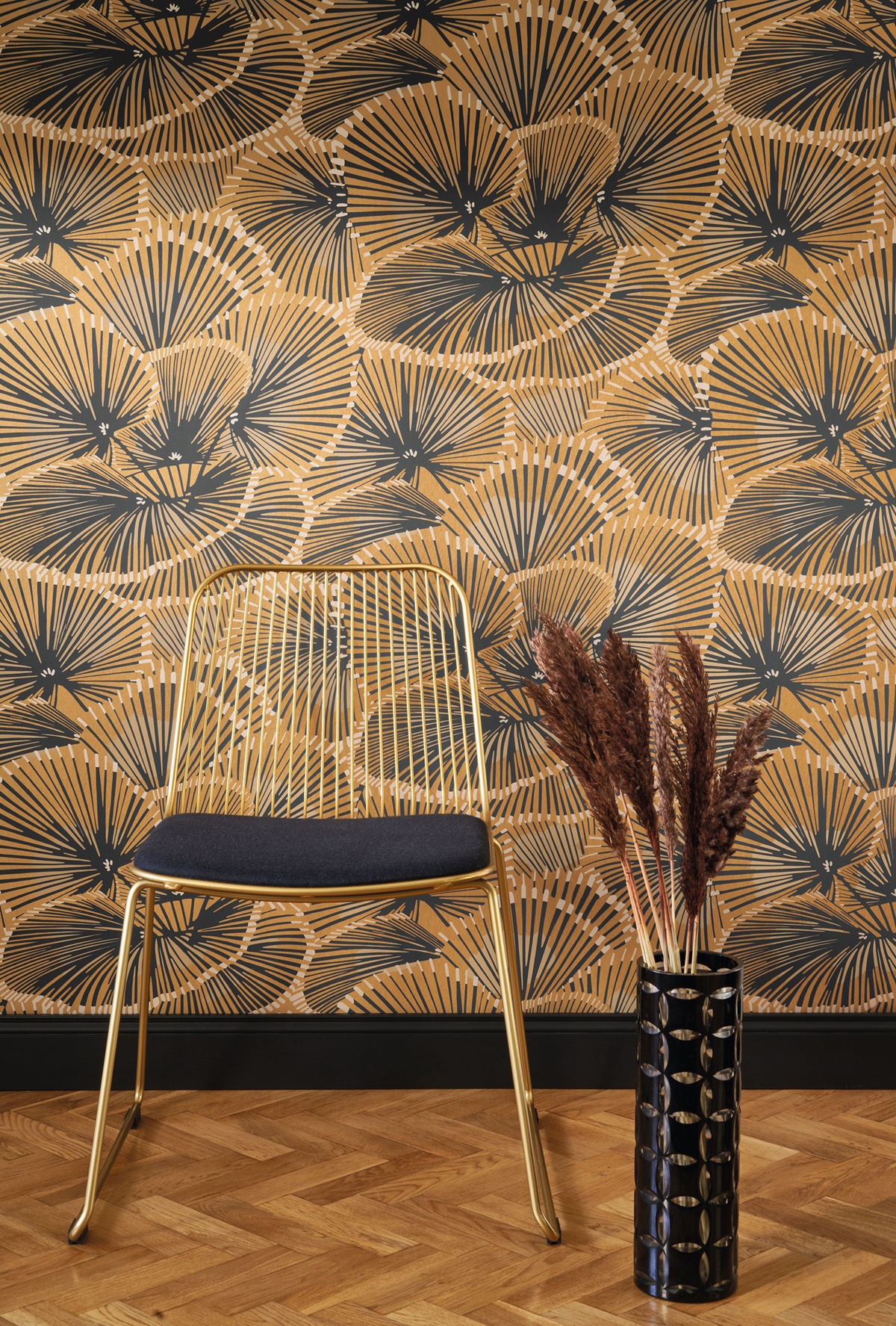 Papier peint Fleur Graphique Cabaret doré bleu ardoise - Twenties de Casadéco AMB2 | Réf. TWNT88642313