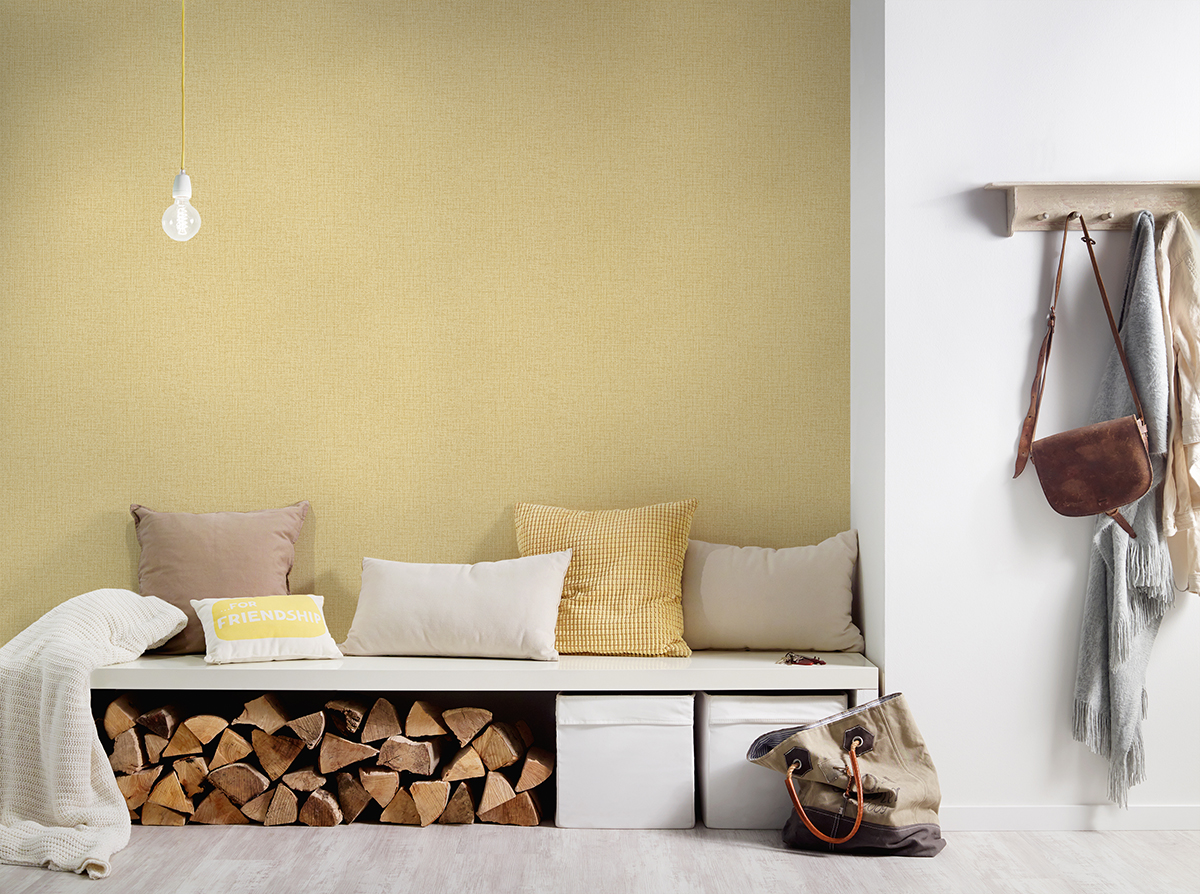 Papier peint Faux Uni Effet Jute jaune pale - Desert Lodge de Livingwalls | Réf. 38528-8
