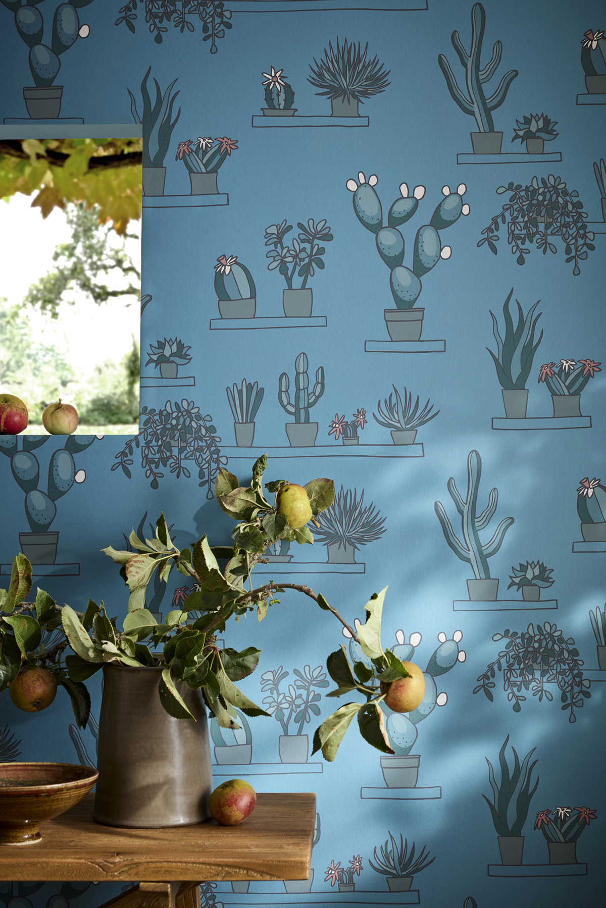 Papier peint Cactus Mr Straw's Greenhouse Air Force Blue - In The Garden de Little Greene AMB2 | Réf. 0234SGAIRFO