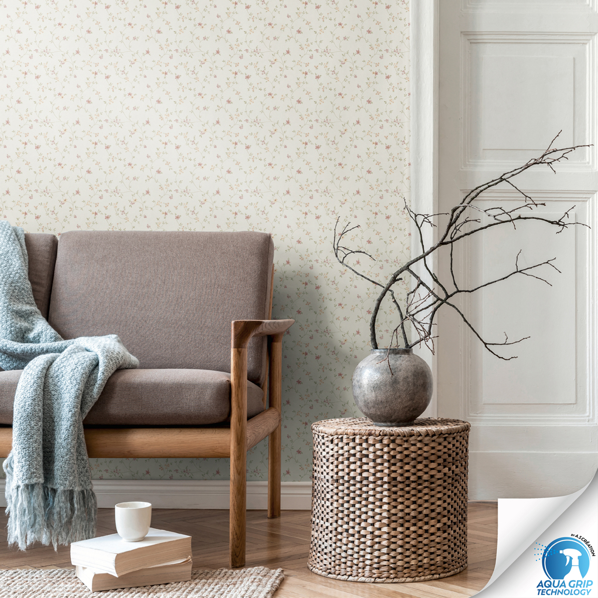 Papier peint préencollé Ramage Fleur Charme vert beige - Designdrop d'A.S. Création AMB1 | Réf. AS-784551