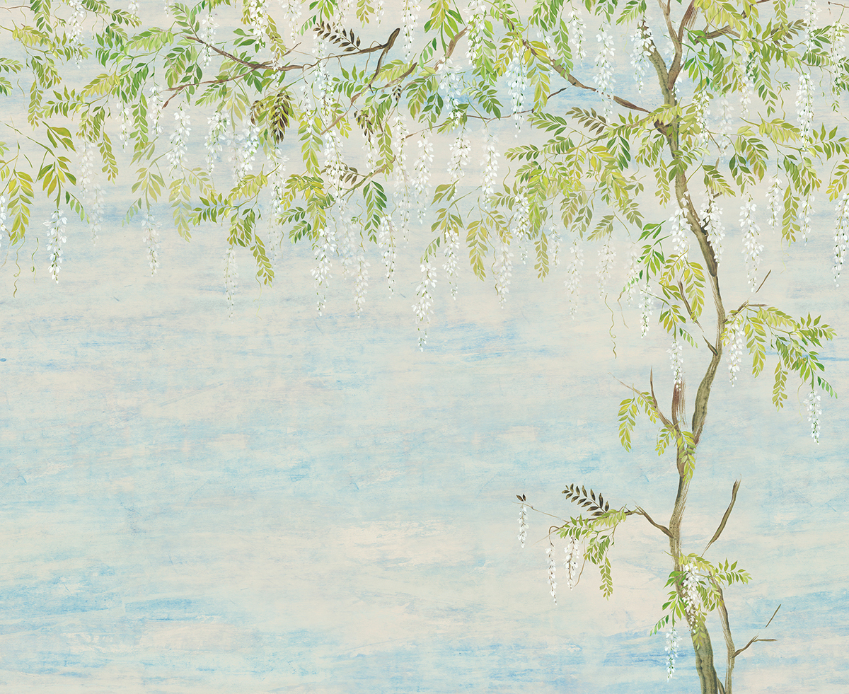 Papier peint panoramique Fleurs Glycine Patio bleu - A, B et C H260 - Wall Designs IV de Masureel | Réf. MAS-DG4PAT102X-260