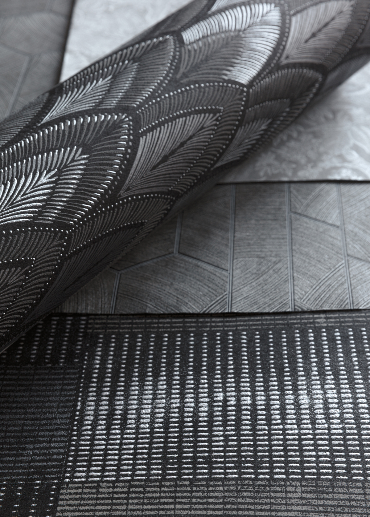 Papier peint Géométrique Kantha gris argenté - Summer de Masureel | Réf. MAS-SUM101