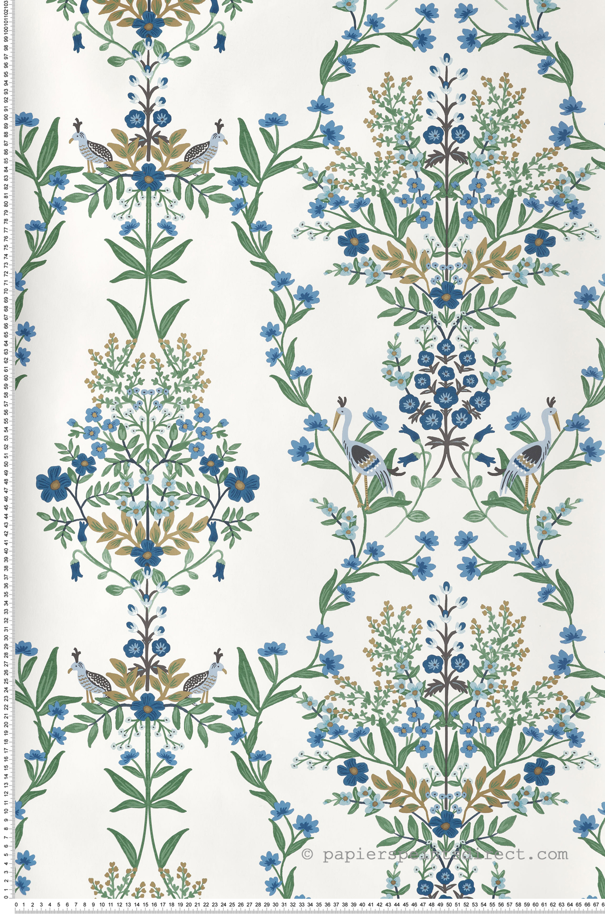 Papier peint Oiseau Grue Luxembourg vert bleu doré - Rifle Paper Co. 2 de York (Initiales) | Réf. INI-RP7330