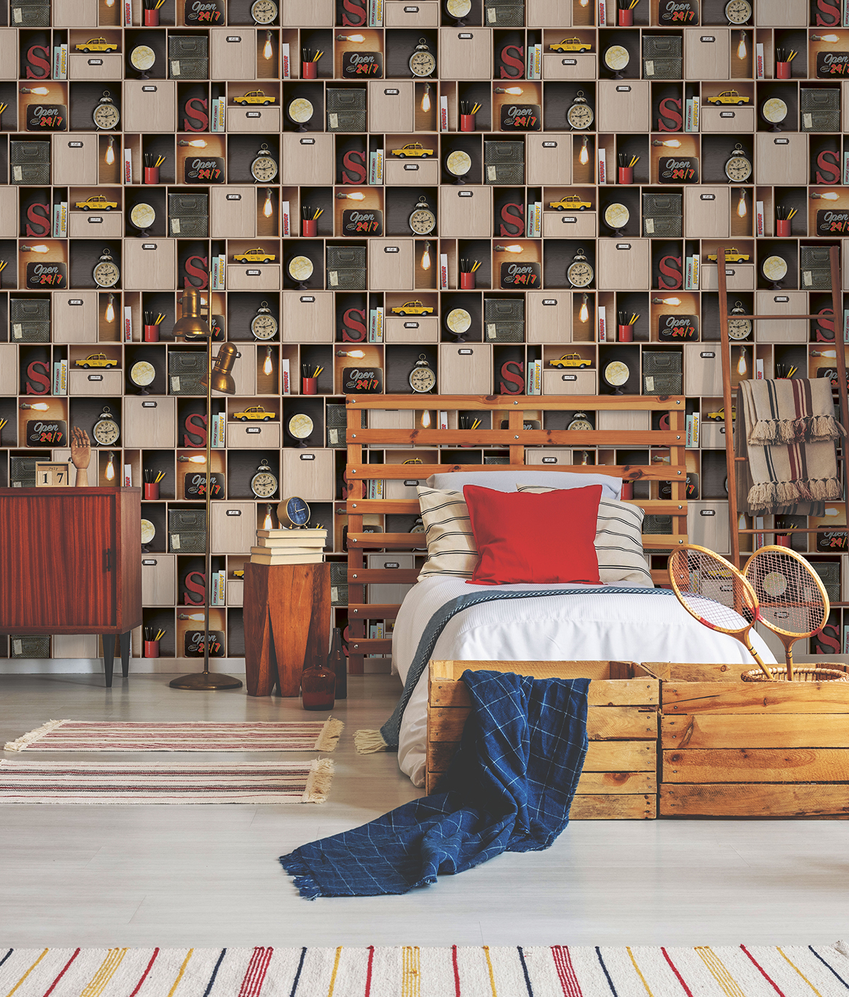 Papier peint Étagère Vintage marron - Les Aventures de Lutèce | Réf. LTC-11201207