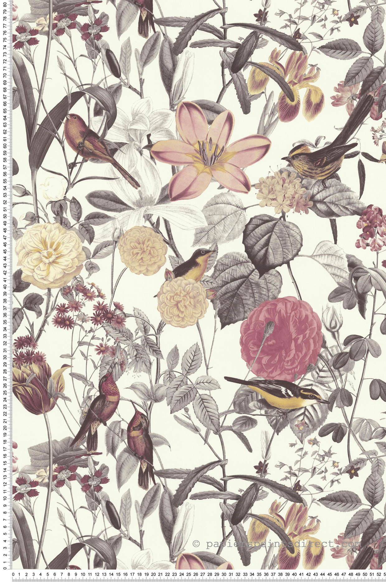 Papier peint Fleurs Oiseaux vintage rose/jaune/gris - Fragrance de Lutèce | Réf. LTC-51193603