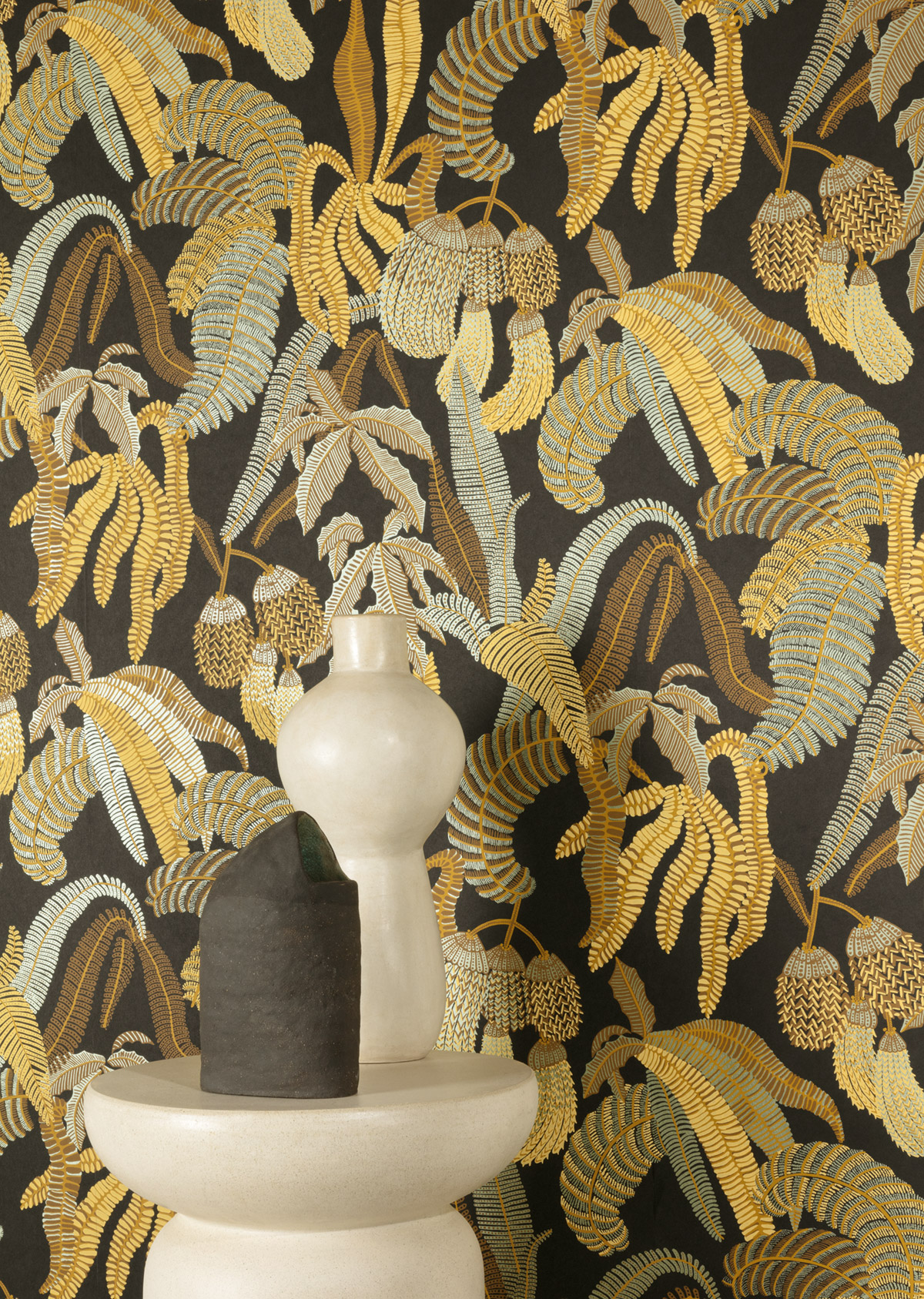 Papier peint Jardin Ninfa jaune noir métallisé - Romance de Masureel AMB2| Réf. MAS-ROM002