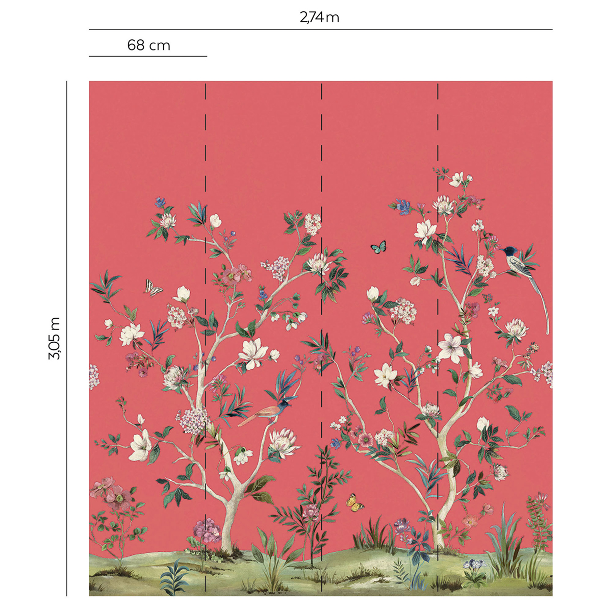 Papier peint panoramique Oiseaux Chinoiserie Magnolia rose fushia - Daisy Bennett d'Initiales AMBR | Réf. INI-DB30501M