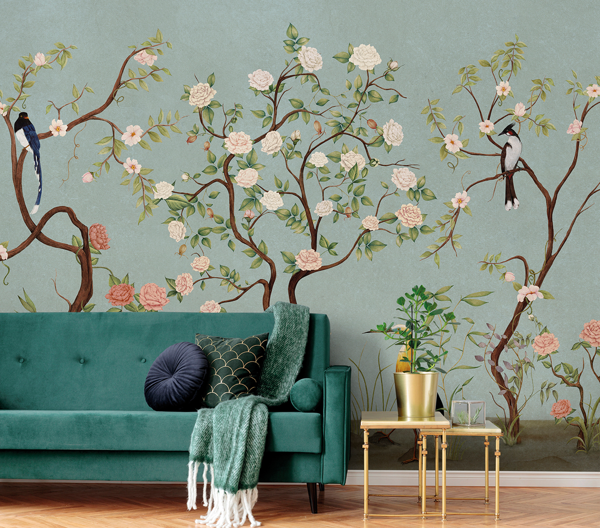 Papier peint panoramique Oiseau Classique Kaori bleu - Panorama 2 de Lutèce | Réf. LTC-PAN1553C