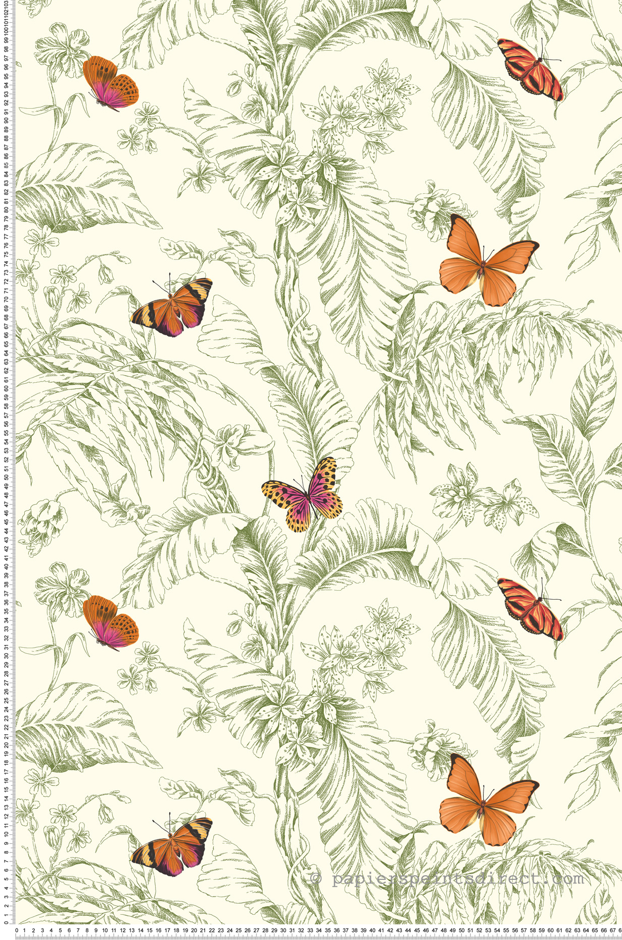 Papier peint Papillon Feuillage vert orange rose - Toiles de York (Initiales) | Réf. INI-AF2027