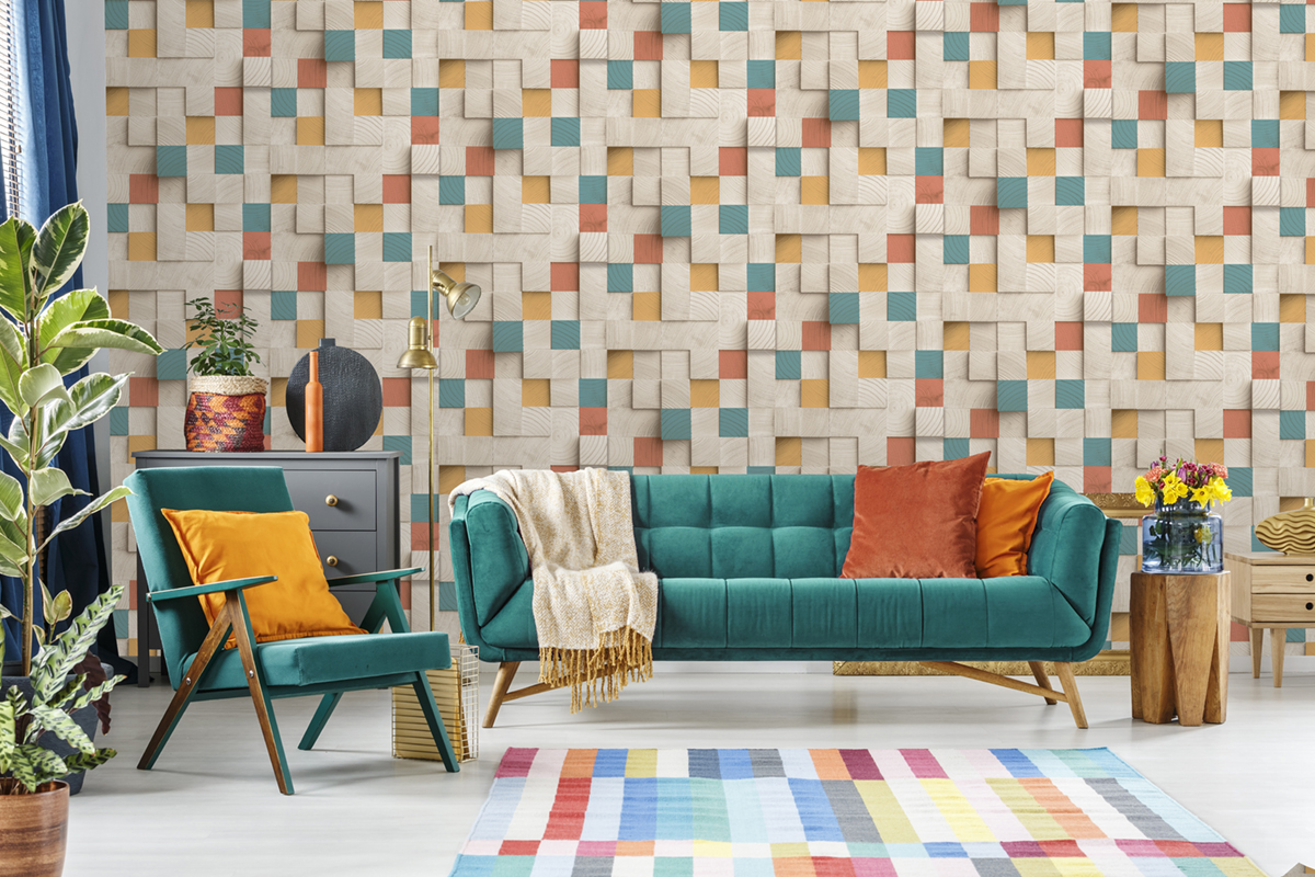 Papier Peint Cube Bois bleu jaune - Artifice d'Ugépa | Réf. UGP-M80101