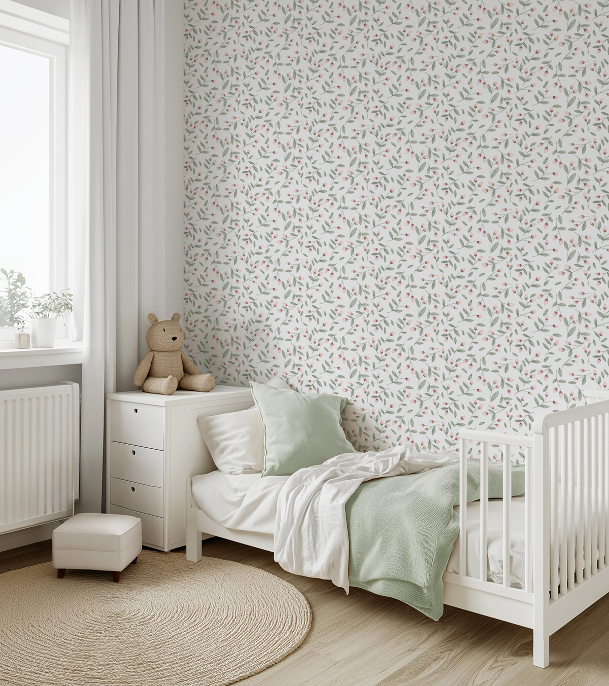 Papier peint enfant Fleuri Jolis Bourgeons rose vert - Papier peint Lilipinso AMB | Réf. LILI-H0784