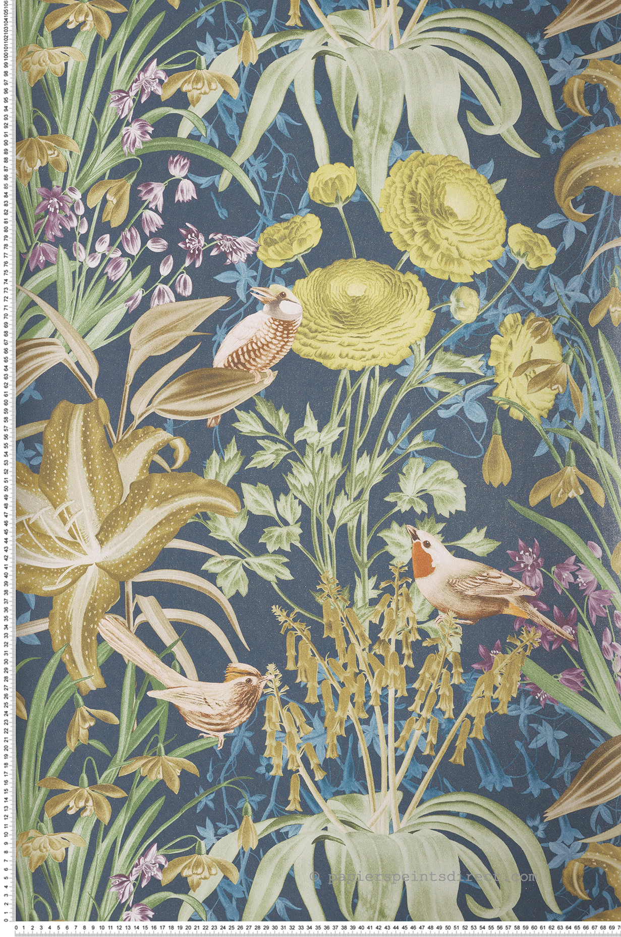 Papier peint Oiseaux et Fleurs Moorea bleu et doré - Moorea de Montecolino | Réf. MC-26730