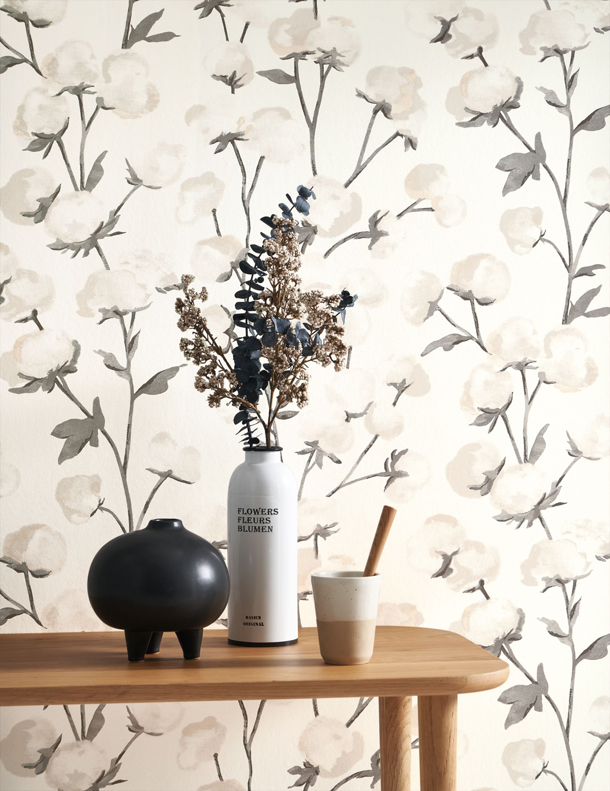 Papier peint Fleur de Coton gris fusain - Soliflore de Casadéco AMB2 | Réf. SOLI200290909