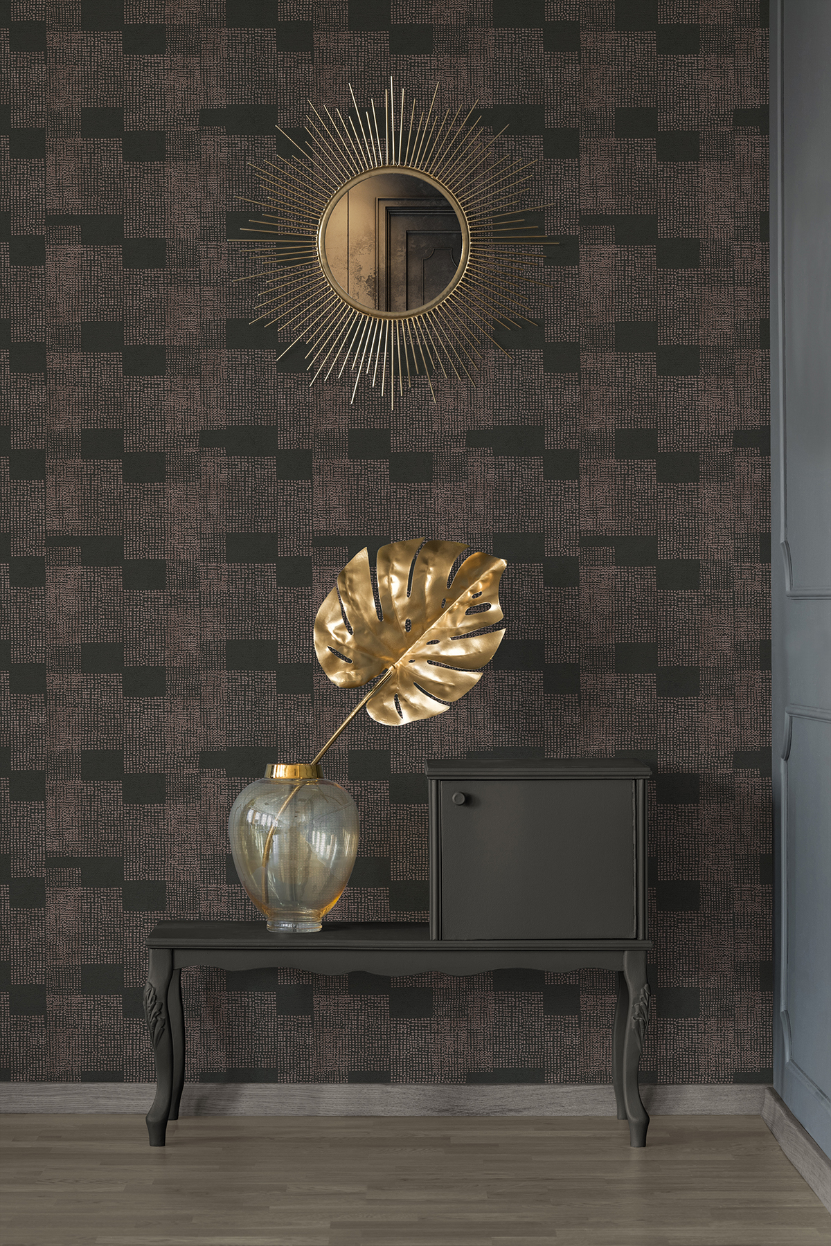 Papier peint Graphique Tissage Africain noir et rose cuivré - Desert Lodge de Livingwalls | Réf. 38525-2