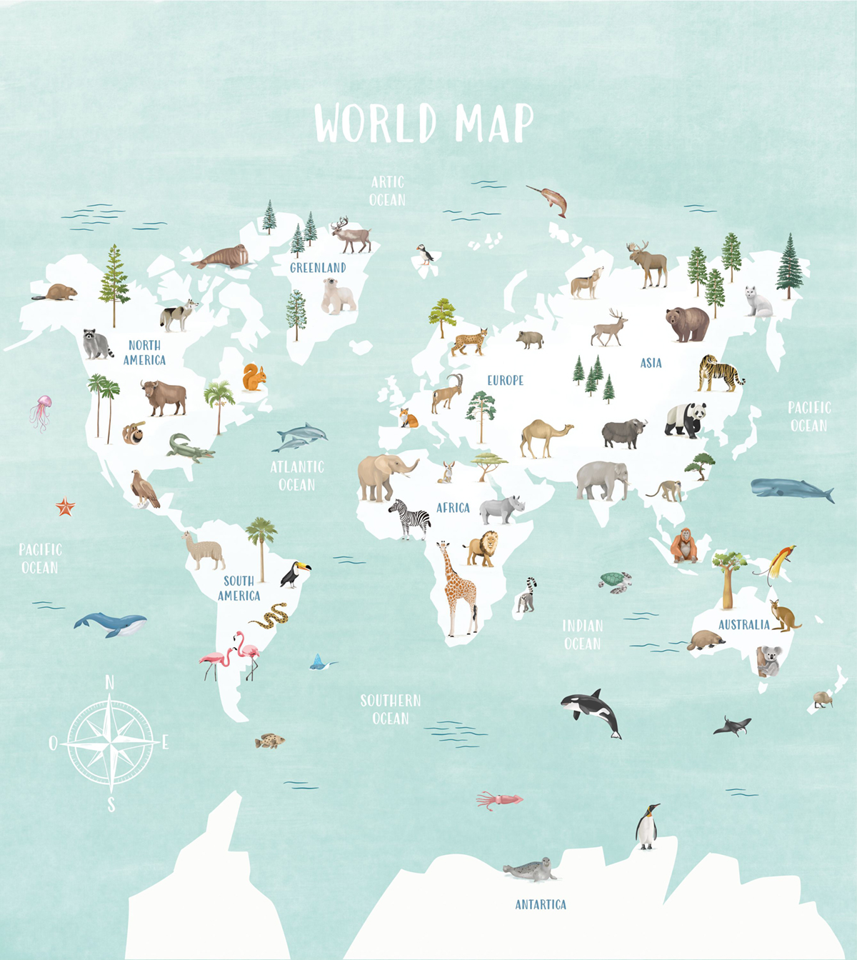 Papier peint panoramique Carte Découvrir le Monde bleu M 250X280 - Les Minis Mondes de Casélio | Réf. MNM105766301