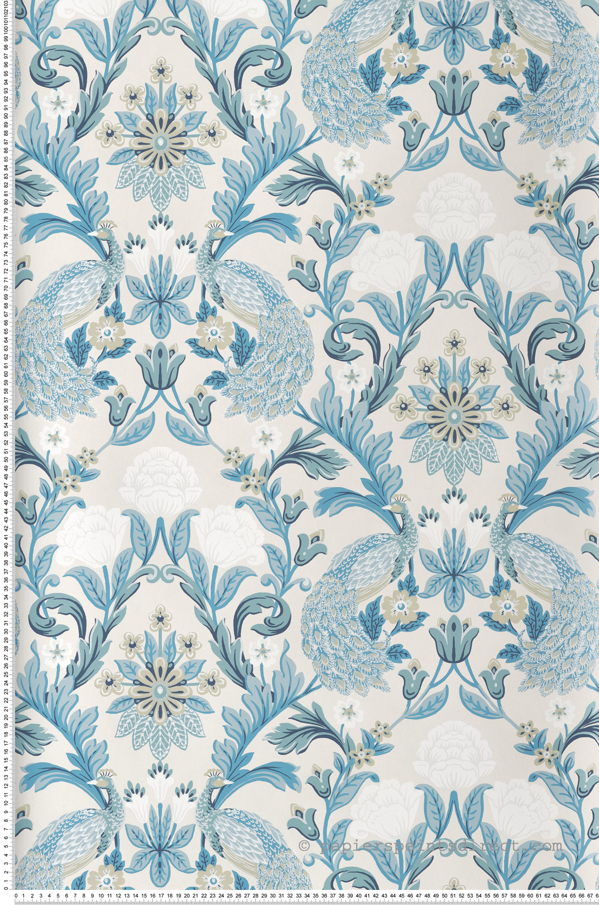 Papier peint Paon Floral Classique bleu lin - Arts & Crafts d'Initiales | Réf. INI-AC9105