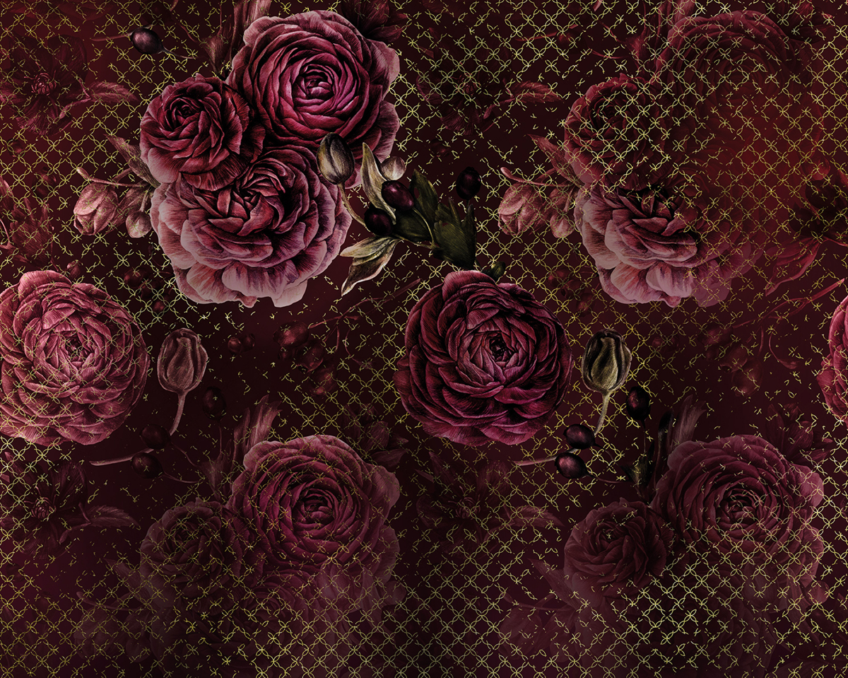 Papier peint panoramique fleurs Rouge Intense - Papier peint Komar Heritage