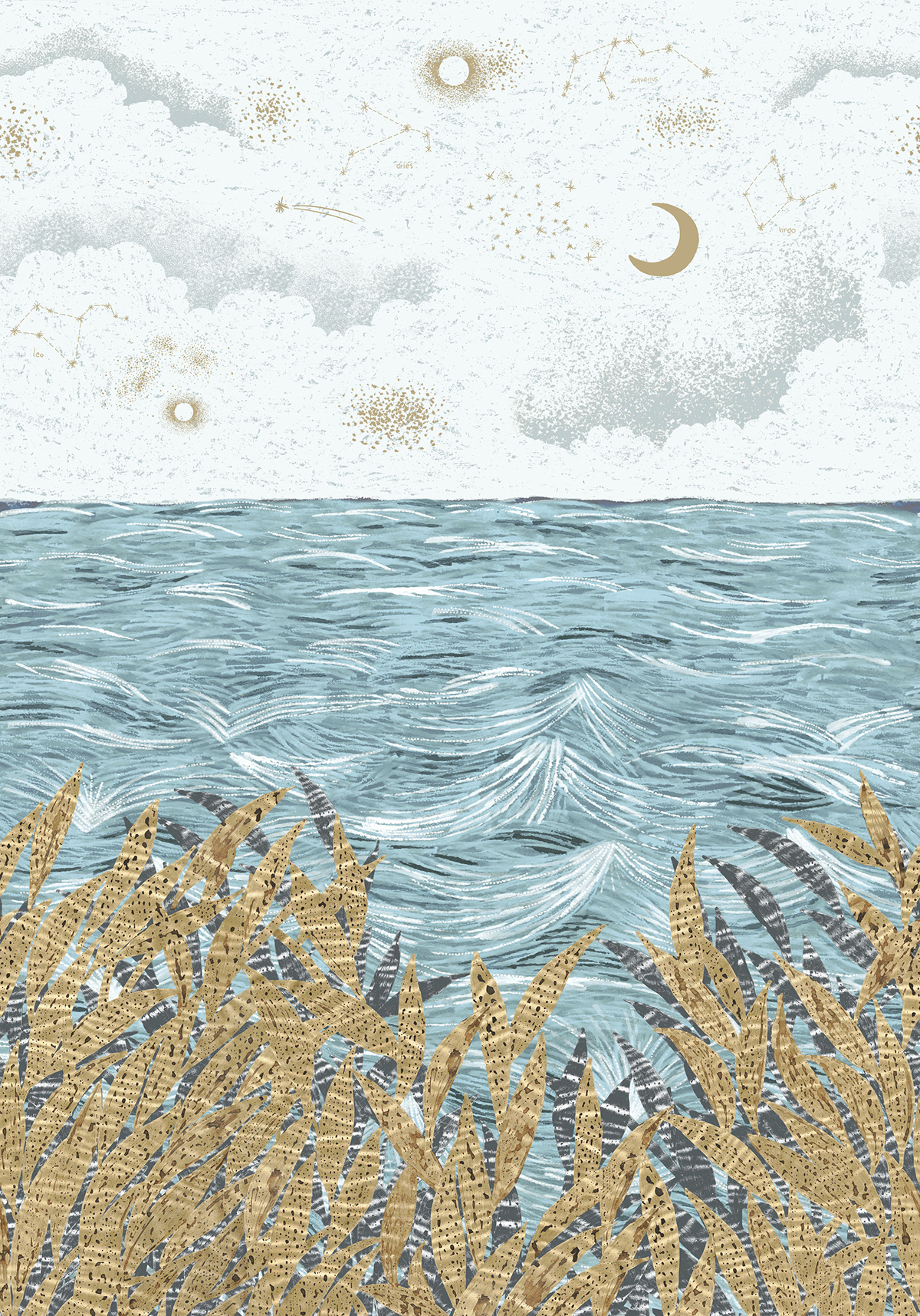 Papier peint panoramique Océan Callisto bleu doré - Nuit d'Orient de Casamance | Réf. CAS-75432344