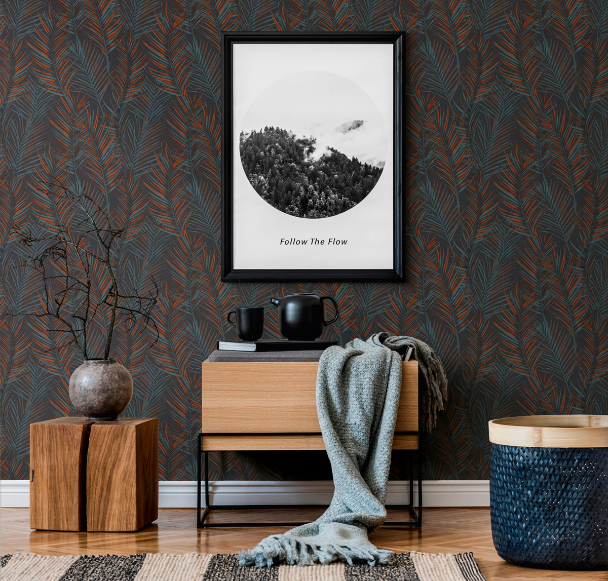 Papier peint Feuille Fougère Mango orange bleu - Attractive 2 d'A.S. Création AMB3 | Réf. AS-390386