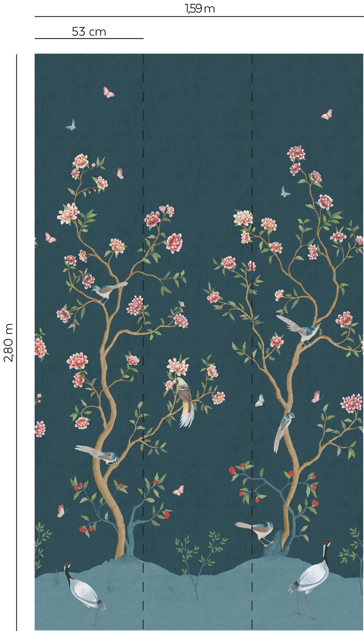 Papier peint Panoramique Oiseaux Chinoiserie Fleurie bleu paon - Romance de Lutèce | Réf. LTC-19113
