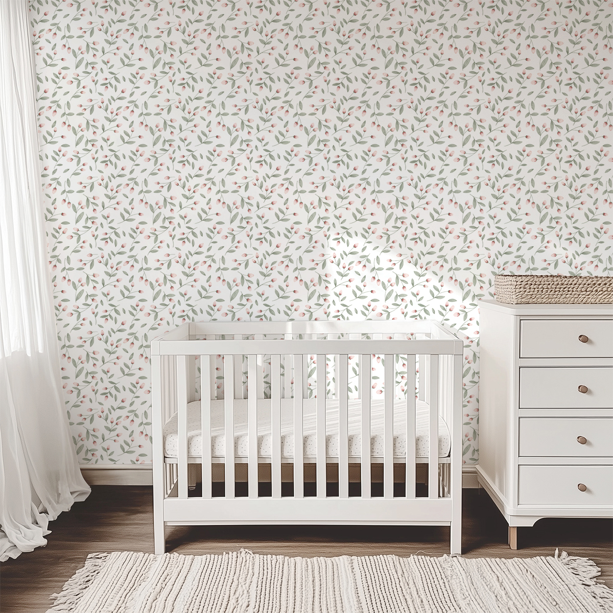 Papier peint enfant Fleuri Jolis Bourgeons rose vert - Papier peint Lilipinso AMB | Réf. LILI-H0784