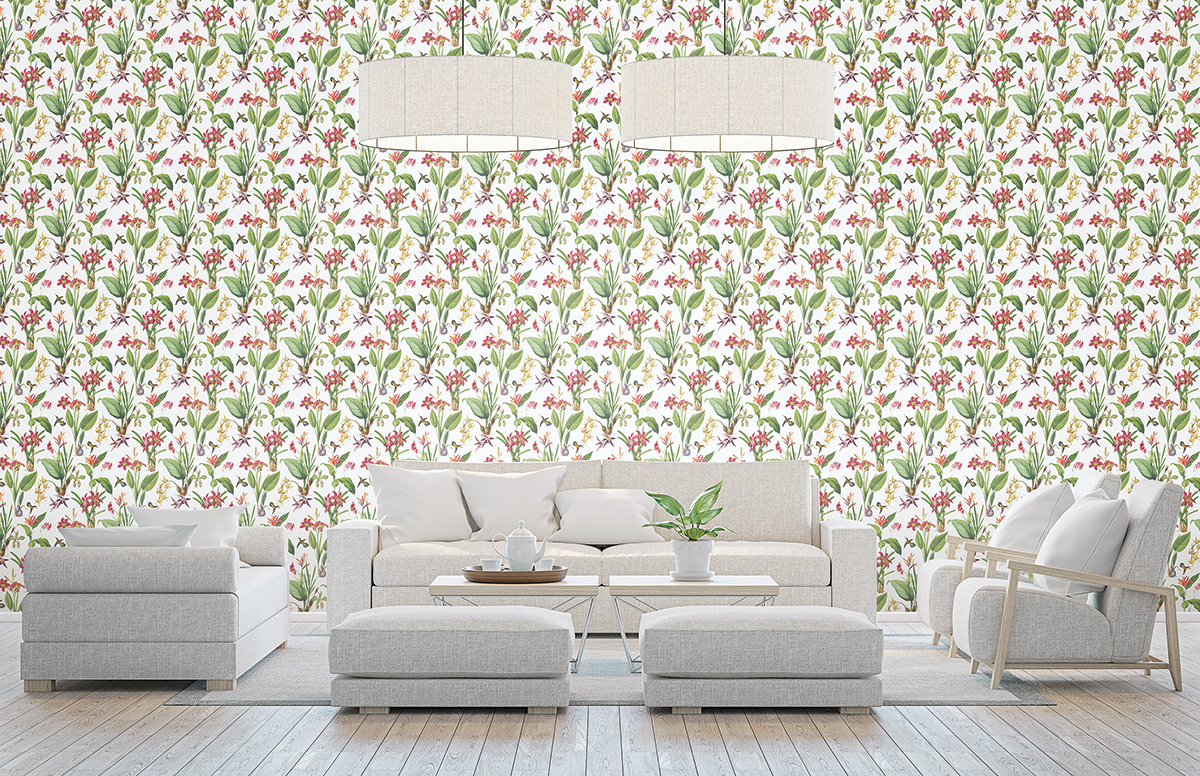 Papier peint Plante Botanique Oiseau rouge vert - Jardin Secret de Lutèce | Réf. LTC-G78505