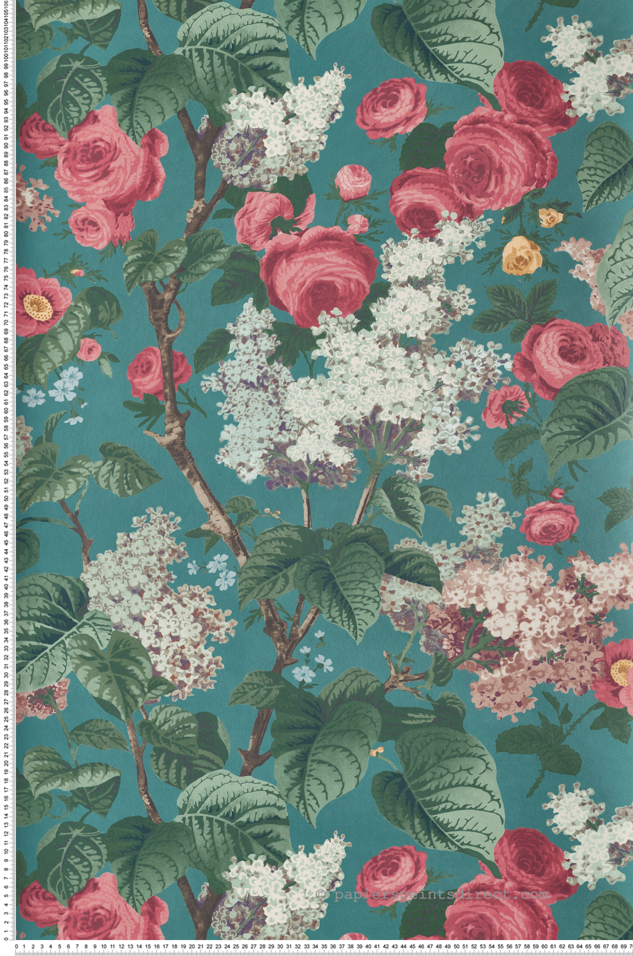 Papier peint Fleur Vintage Floribunda vert canard rose - V&A Decorative Papers d'Initiales | Réf. INI-31116803
