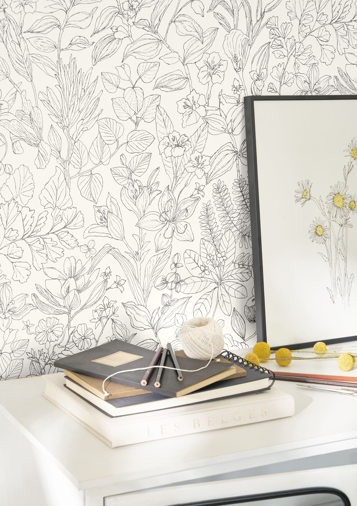 Papier peint Feuille Esquisse gris blanc - Gardens de Casadéco AMB2 | Réf. GADN87599267