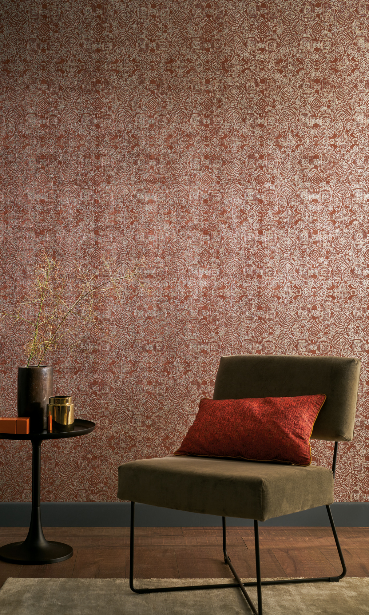 Papier peint Ethnique oriental Jali terracotta argenté - Mansour de Casamance | Réf. CAS-74420336