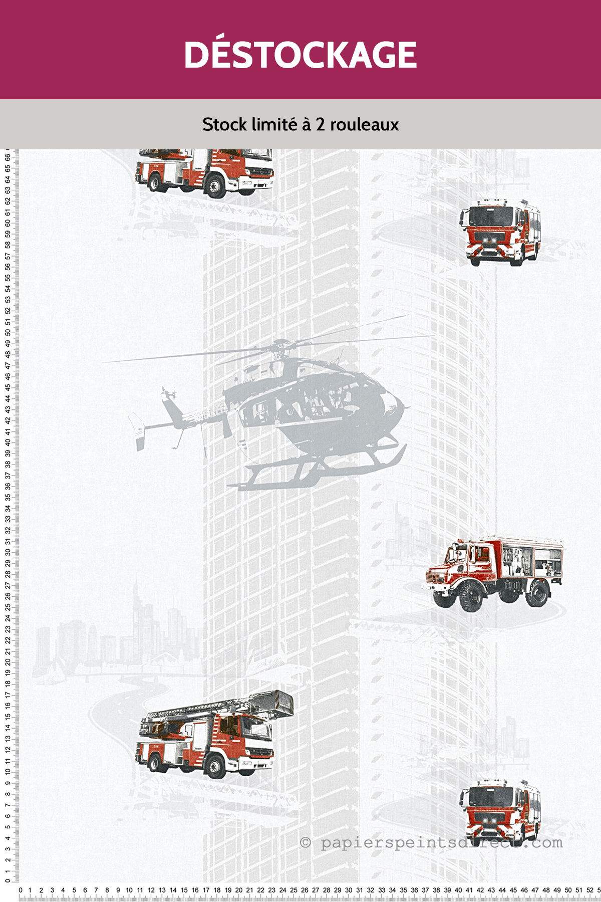 Papier peint Destockage - Camion Pompier et Hélico Gris Perle - Little Stars