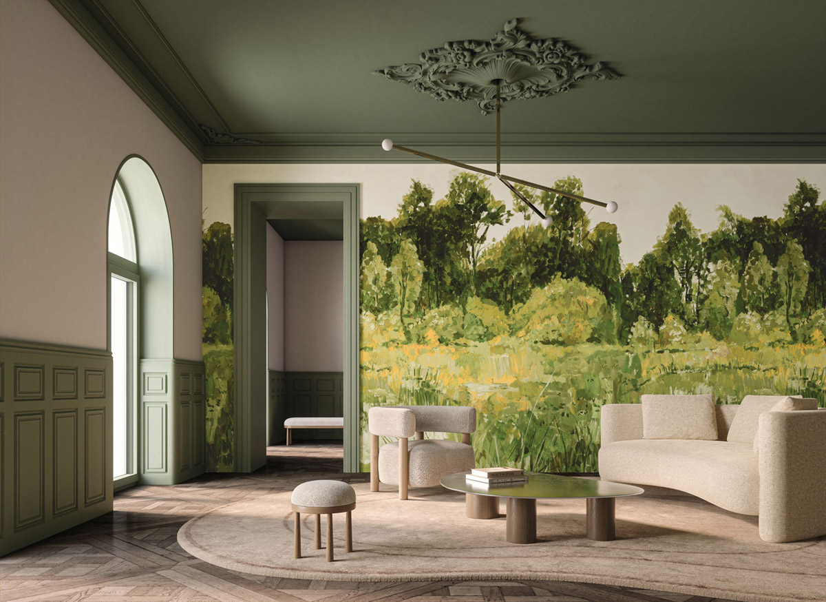 Papier peint panoramique Paysage Peint Colvert vert olive - Panoramas 3 de Casamance | Réf. CAS-76391222