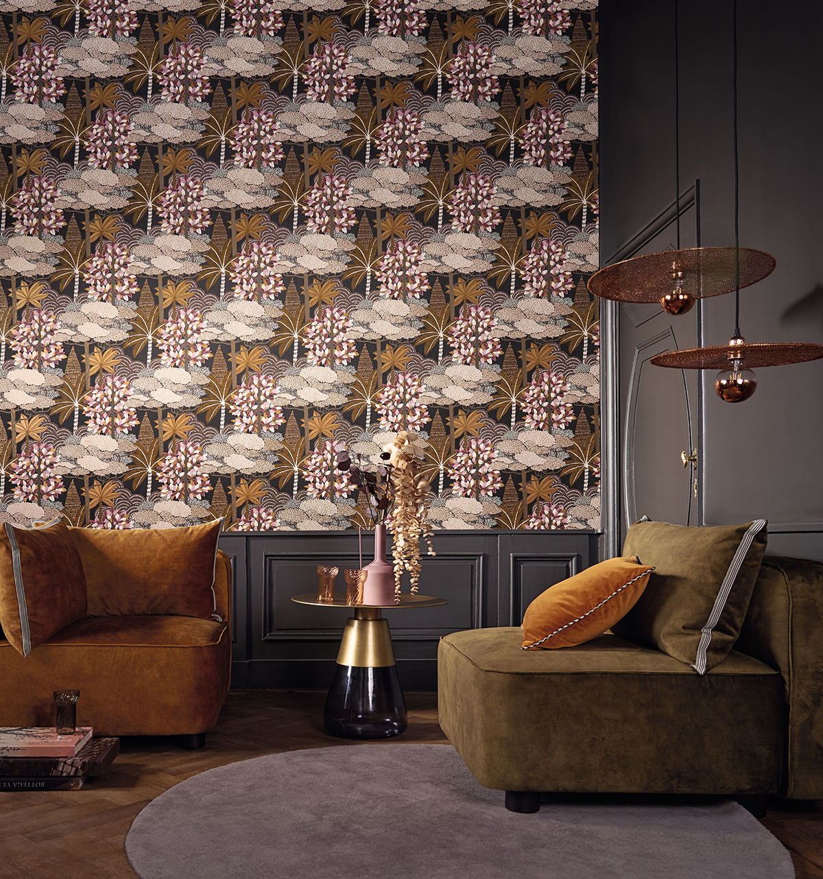 Papier peint Forêt Marakanda anthracite rose - Nuit d'Orient de Casamance AMB2 | Réf. CAS-75380304