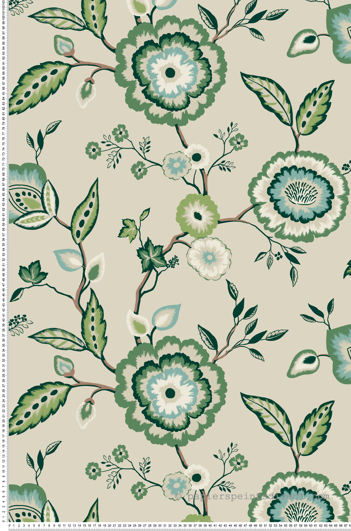 Papier peint Fleur Dahlia vert bleu lin - Greenhouse de York (Initiales) | Réf. INI-GO8233