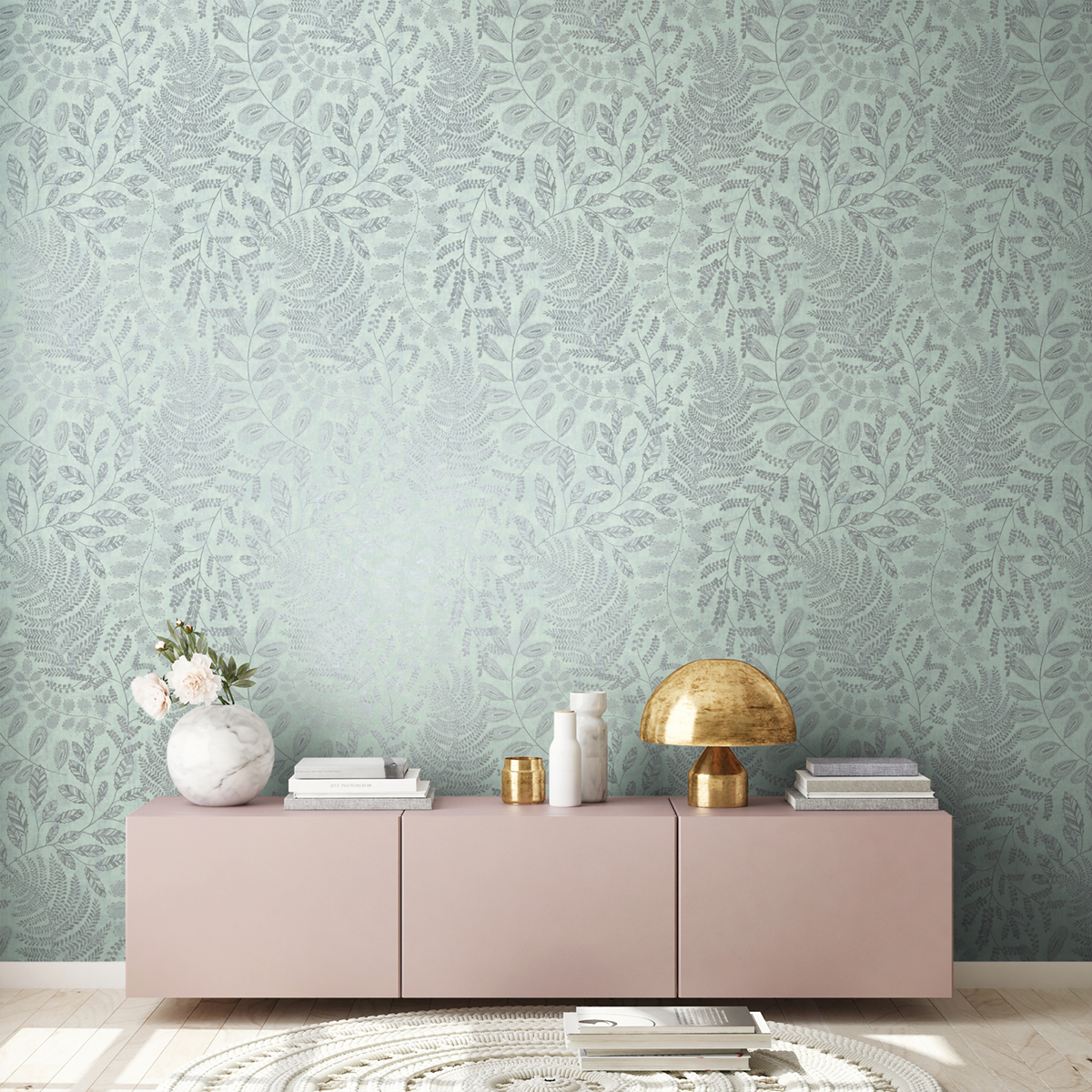 Papier peint Feuilles Details vert d'eau et argenté - The BOS d'A.S. Création | Réf. AS-388301