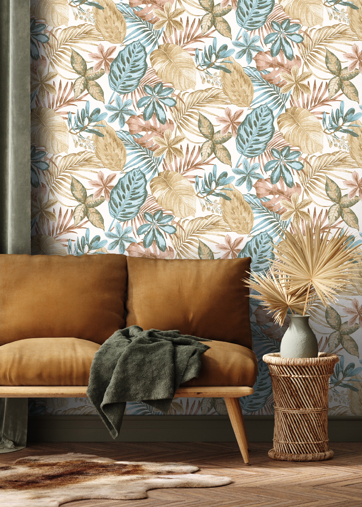 Papier peint Feuillage Exotique Toilé terra jaune bleu - Séjours & Chambres de Lutèce | Réf. LTC-11220705