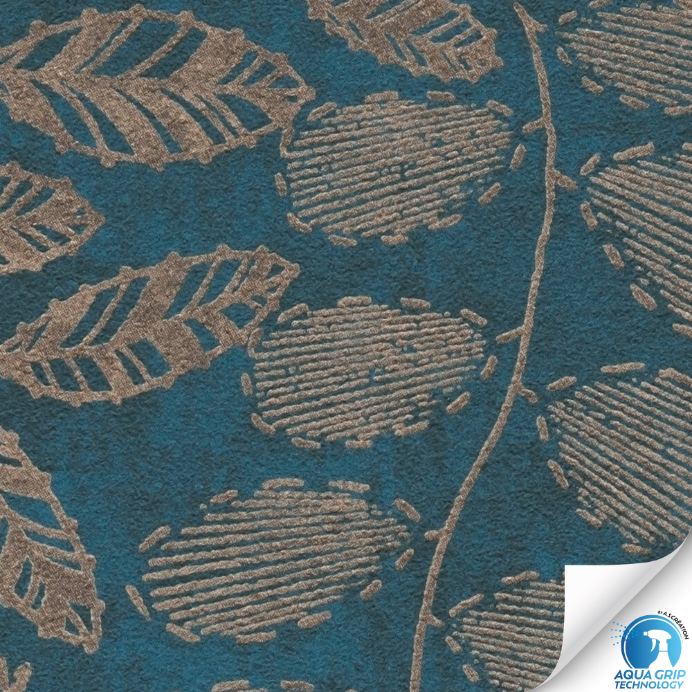 Papier peint préencollé Feuilles Details bleu pétrole doré - Designdrop d'A.S. Création ZOOM | Réf. AS-784951