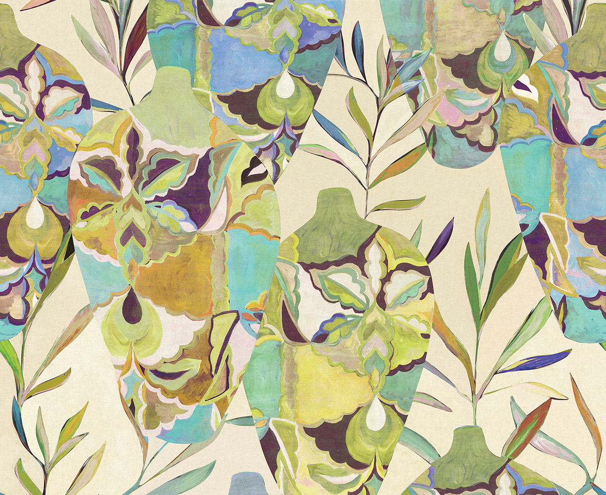 Papier peint panoramique Pot Fleuri Amphor vert - A, B et C H260 - Wall Designs IV de Masureel | Réf. MAS-DG4AMP103X-260