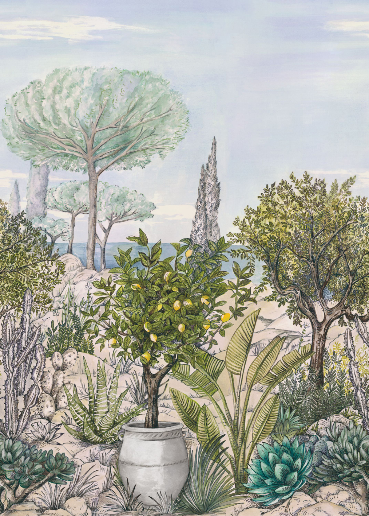 Papier peint panoramique Paysage Baux de Provence vert bleu M 200X280 - Azur de Casélio | Réf. AZU105477703