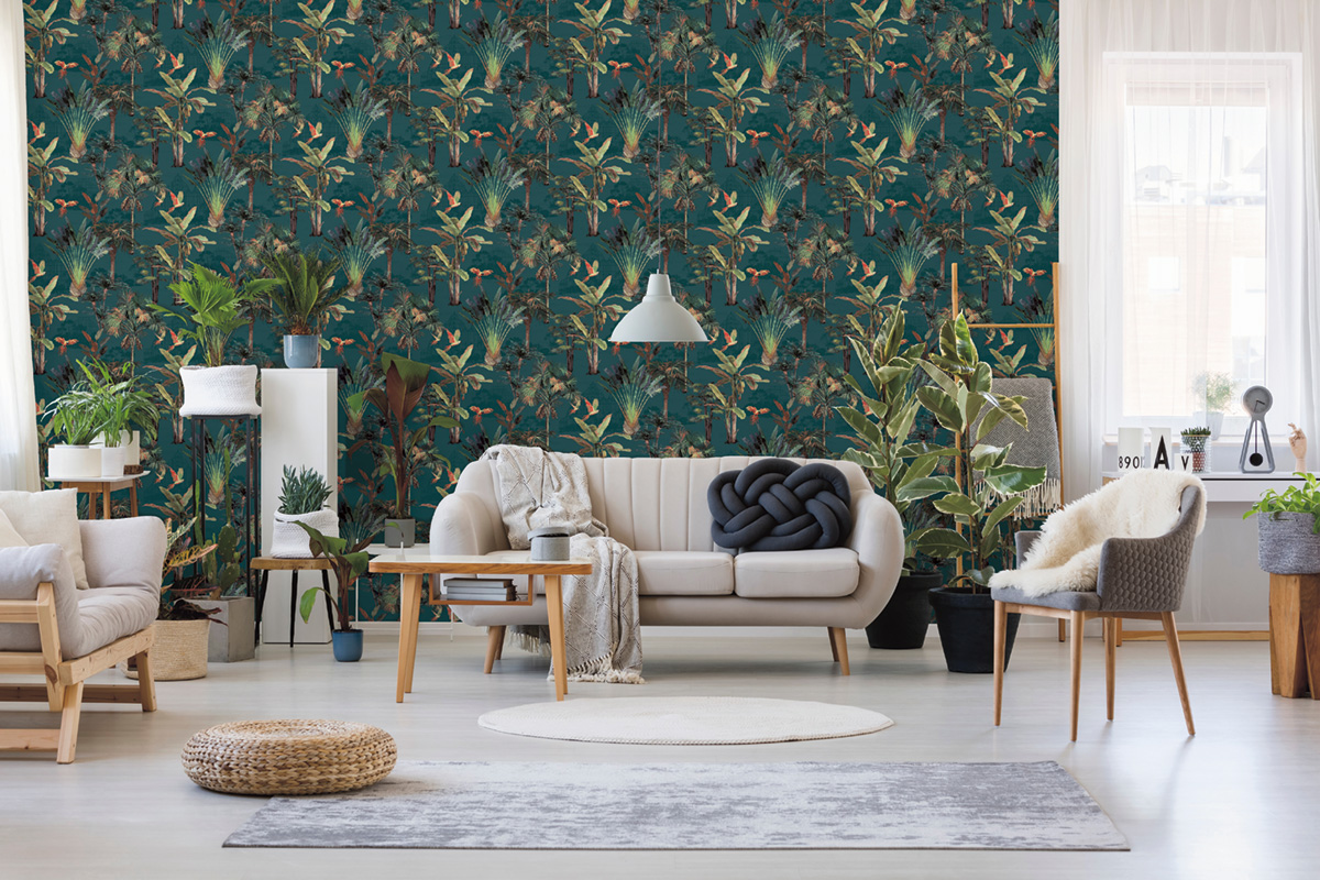 Papier peint Palme et Oiseau vert emeraude - Jardin d'Eden de Lutèce | Réf. LTC-51203314