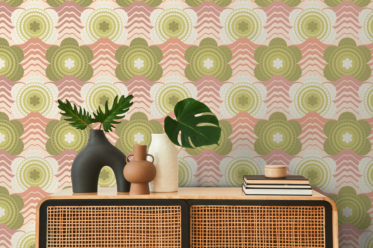 Papier peint Fleur Graphique rose vert - Retro Chic d'A.S. Création AMB2 | Réf. AS-395391