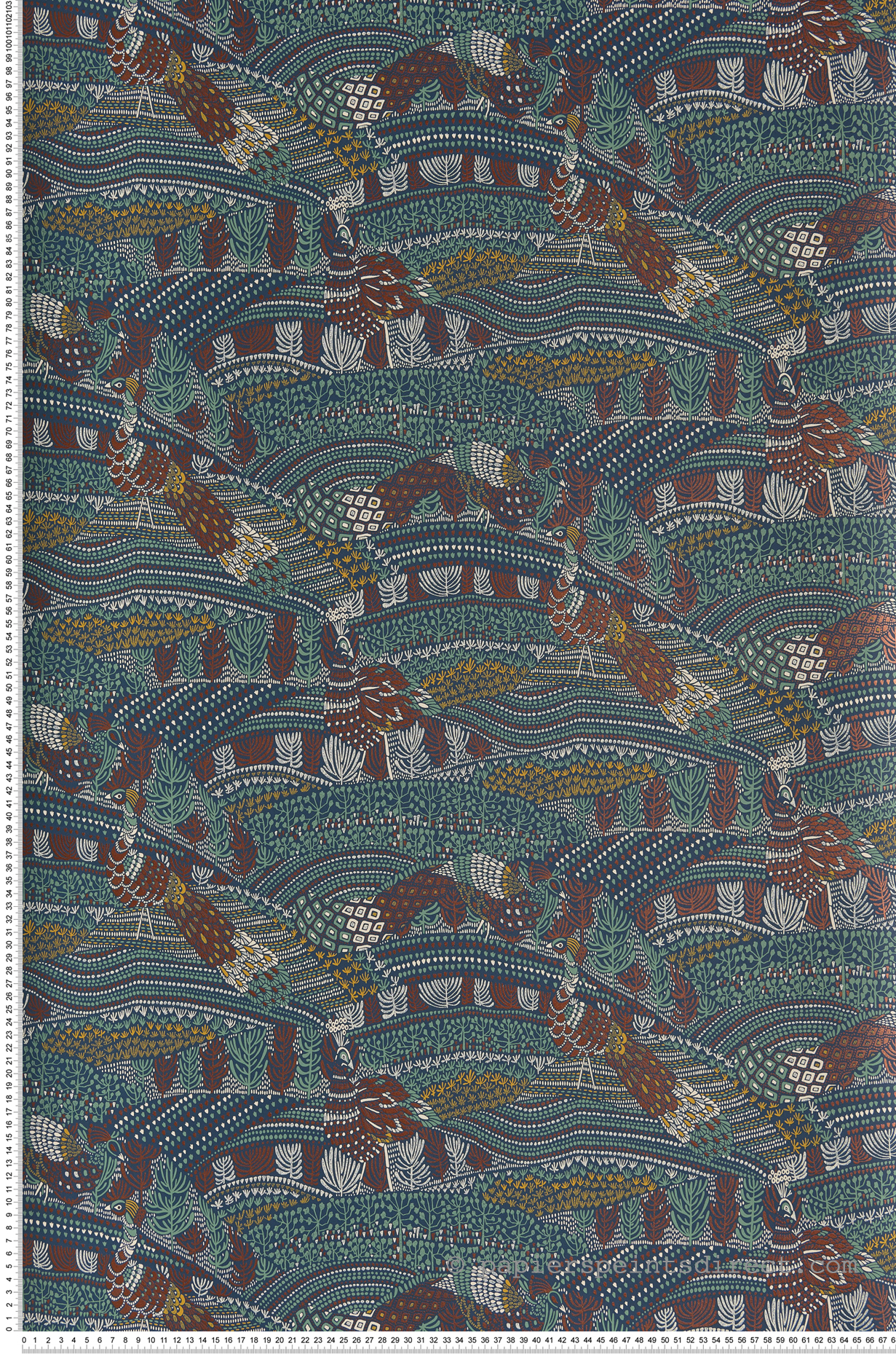 Papier peint ethnique Paon Eden bleu/cuivre - Blossom de Casamance | Réf. CAS-74330395
