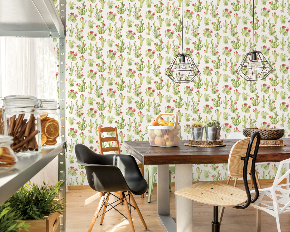 Papier peint Cactus fleurs rouge - Style Cuisine 3 de Lutèce | Réf. LTC-CK36630