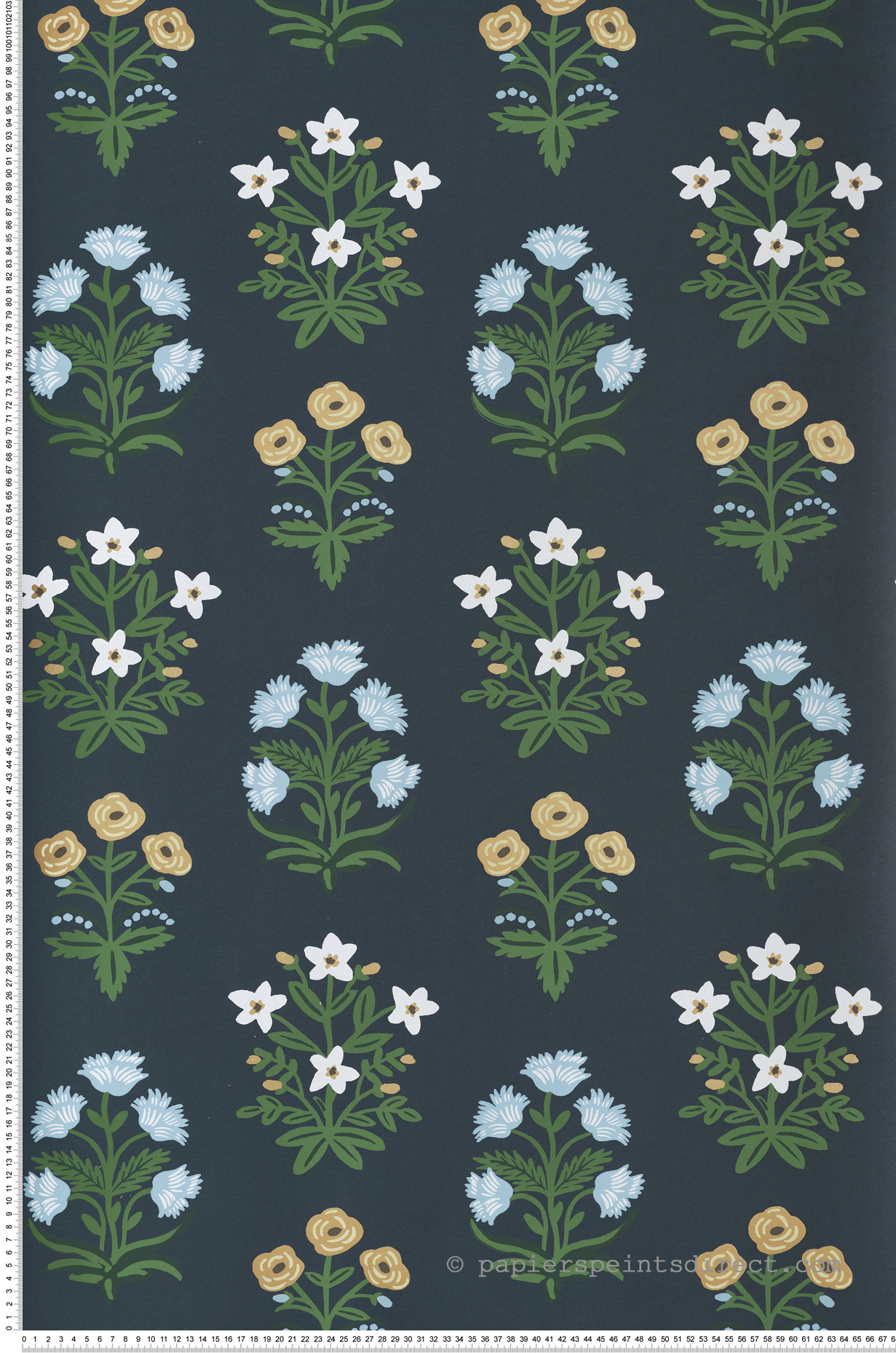 Papier peint Bouquet Fleuri bleu nuit doré - Rifle Paper Co. 2 de York (Initiales) | Réf. INI-RP7351