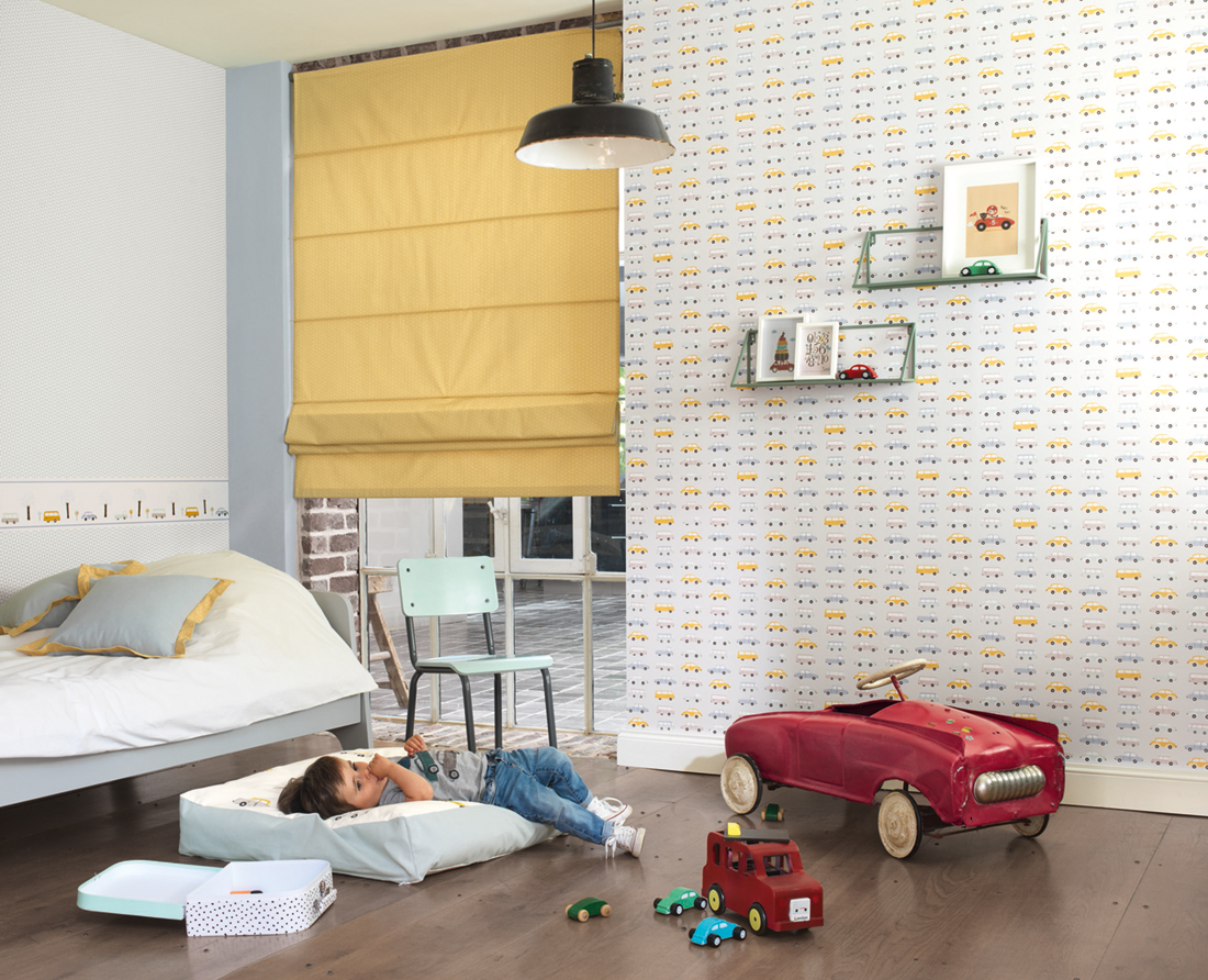 Papier peint enfant Voitures vintage Allover bleu/jaune - Happy Dreams de Casadéco | Réf. HPDM82766214