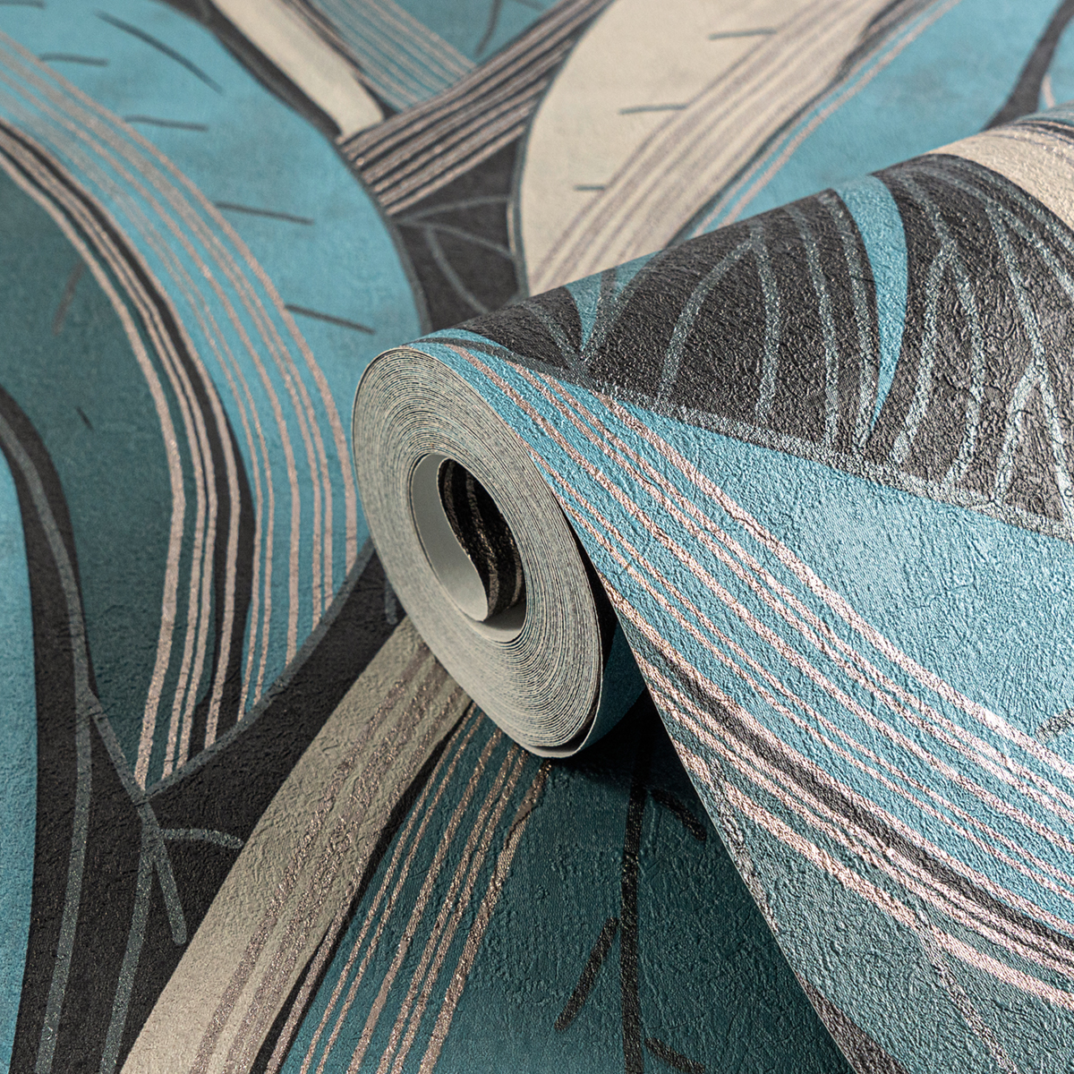 Papier peint Feuille Vague bleu paon argenté - Metropolitan Stories 4 Hot Spots d'A.S. Création AMB5| Réf. AS-786552