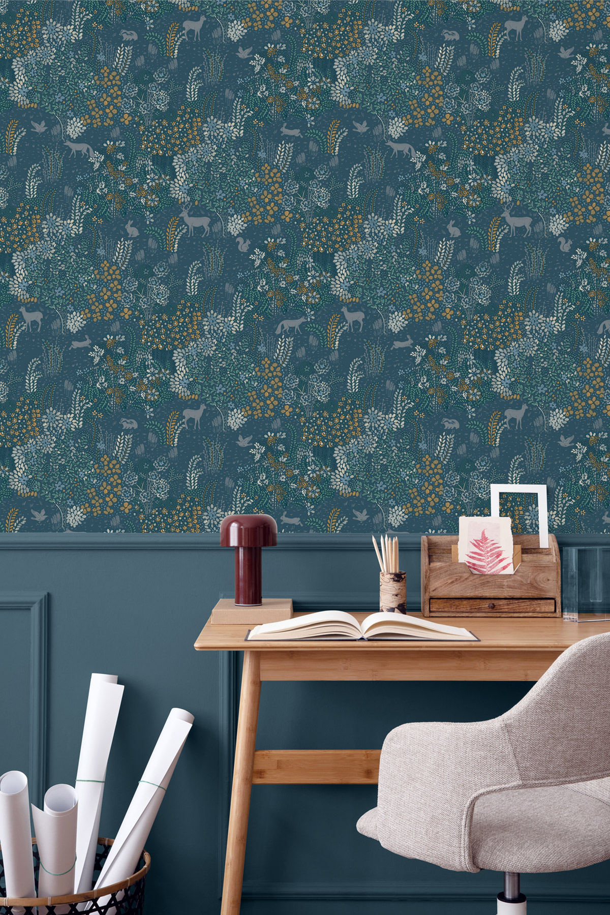 Papier Peint Animaux Forêt Wonderland bleu argenté - Flora d'Ugépa | Réf. UGP-M86701