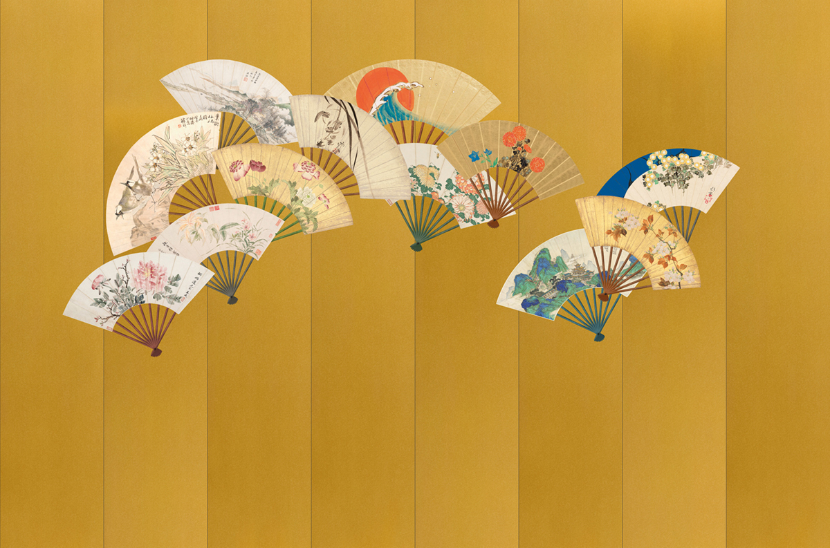 Papier peint panoramique Éventail Hand Fans moutarde - Panorama 2 de Lutèce | Réf. LTC-PAN1601C